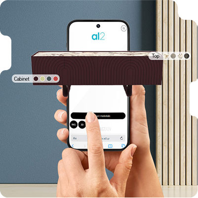 Χρήστης επιλέγει υλικό σε μπουφέ μέσω mobile configurator με προβολή 3D