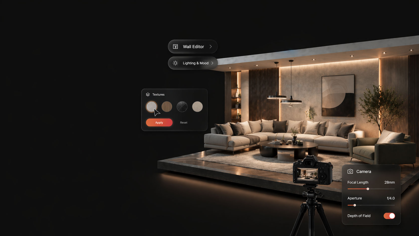 Διαμόρφωση χώρου σε 3D με επιλογές lighting και materials